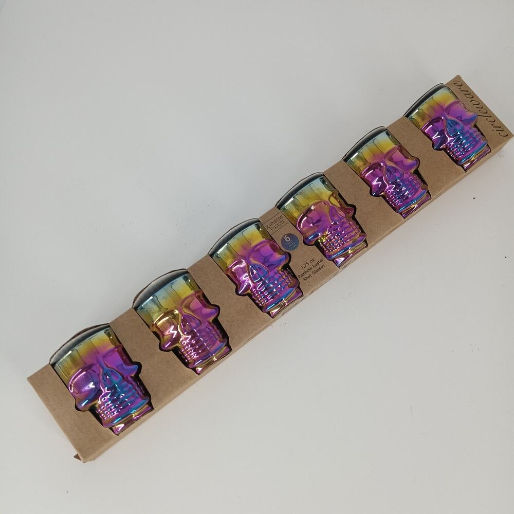 6X New Rainbow Fusion Skull Shot Glass 1.7 oz Halloween Iridescent Partyware